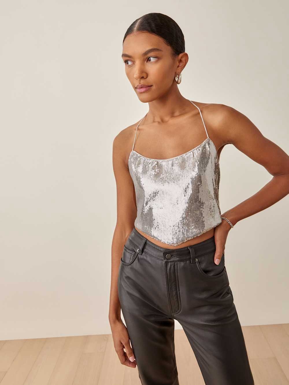 NWT Reformation Gayle Silver Sequin Halter Cowl Tank - Picture 2 of 11